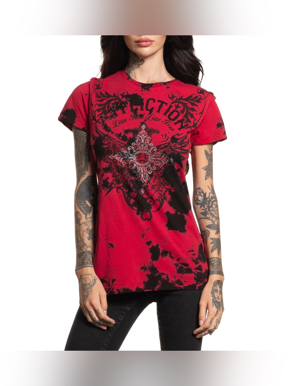Affliction Red and Black Graphic Tie-Dye Tee